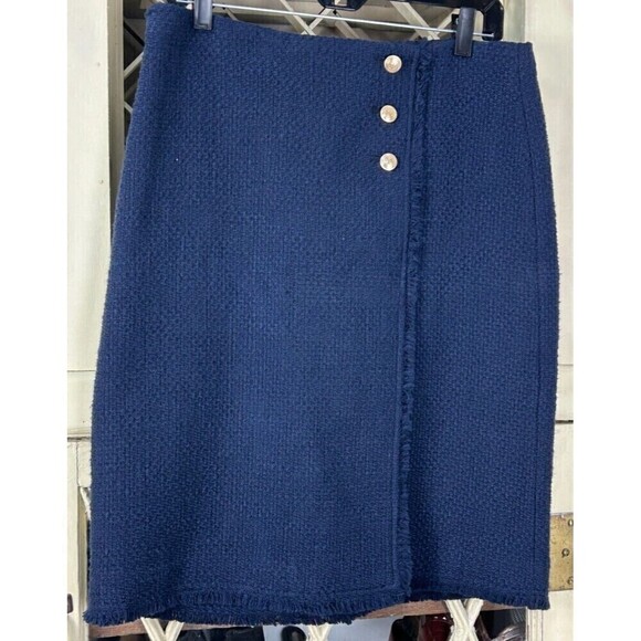 New Talbots Women 10 Skirt Navy Blue CottonTweed Faux Wrap Lined Logo Button T4 - Picture 2 of 12